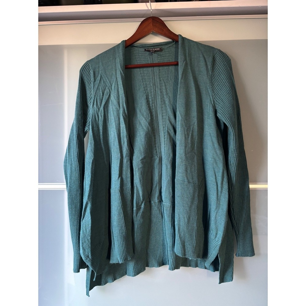 Eileen Fisher Merino Wool Cardigan Teal Open‎ Front Long Sleeve Sweater FLAW